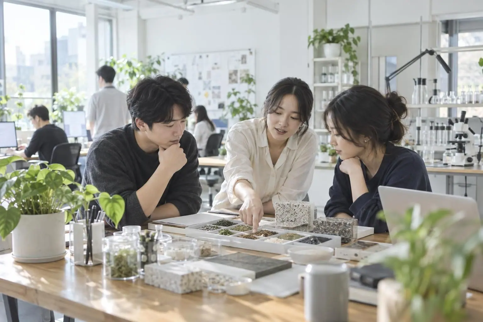 밝은 사무실에서 동료들이 시료 상자를 보며 이야기하는 모습