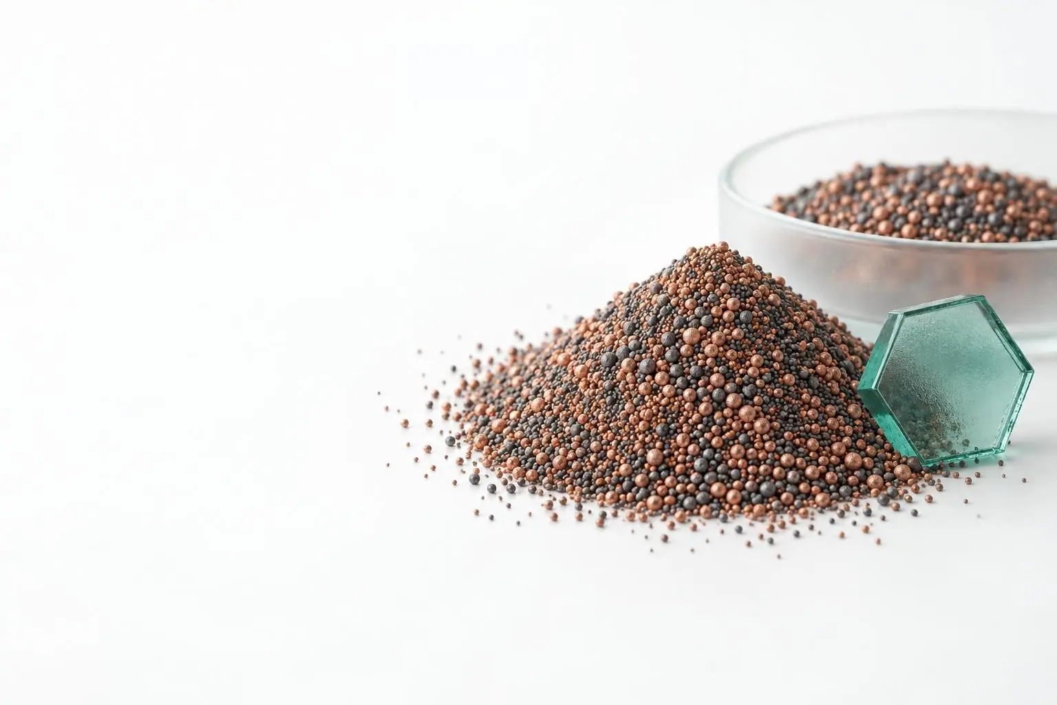 A heap of spherical copper-carbon micro powder beside a hexagonal glass tile