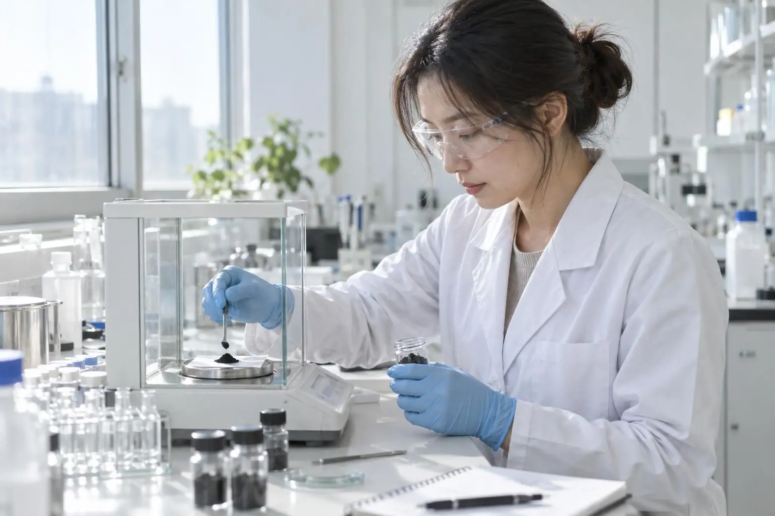 연구원이 분석용 저울로 검은 탄소 분말의 무게를 재는 모습